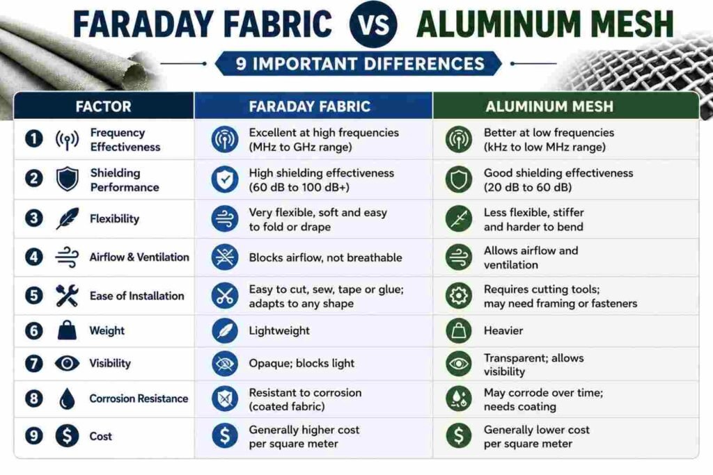 Faraday Fabric vs Aluminum Mesh: 9 Powerful Differences You Should Know 3 Faraday Fabric vs Aluminum Mesh Comparison Chart