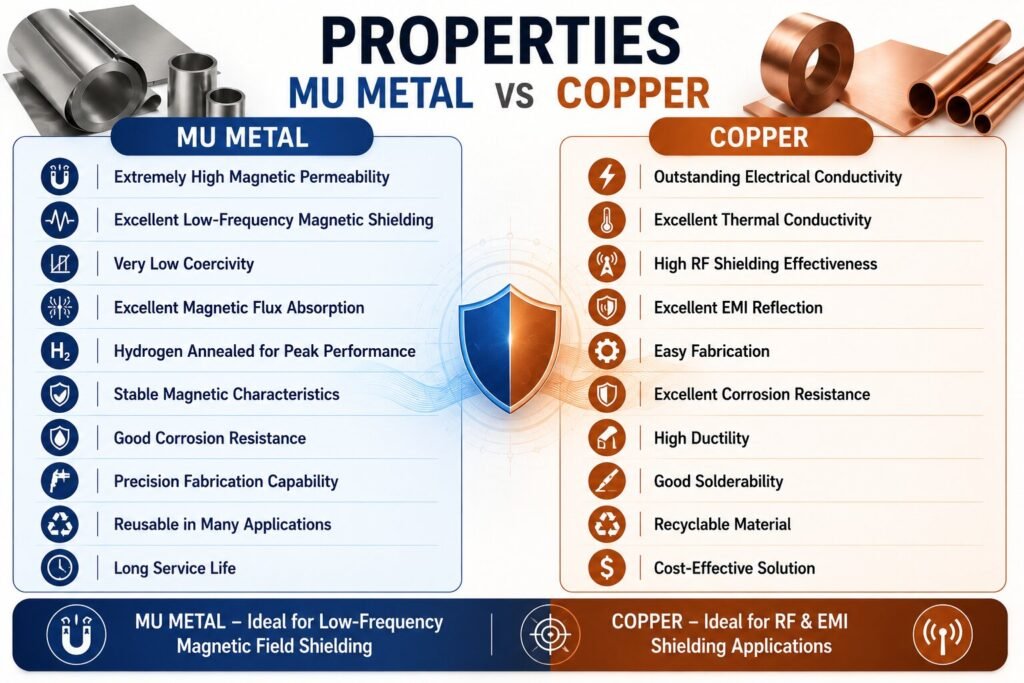 Mu Metal vs Copper Shielding: 9 Powerful Differences That Help You Choose the Right Material 2 Material properties comparison Mu Metal vs Copper