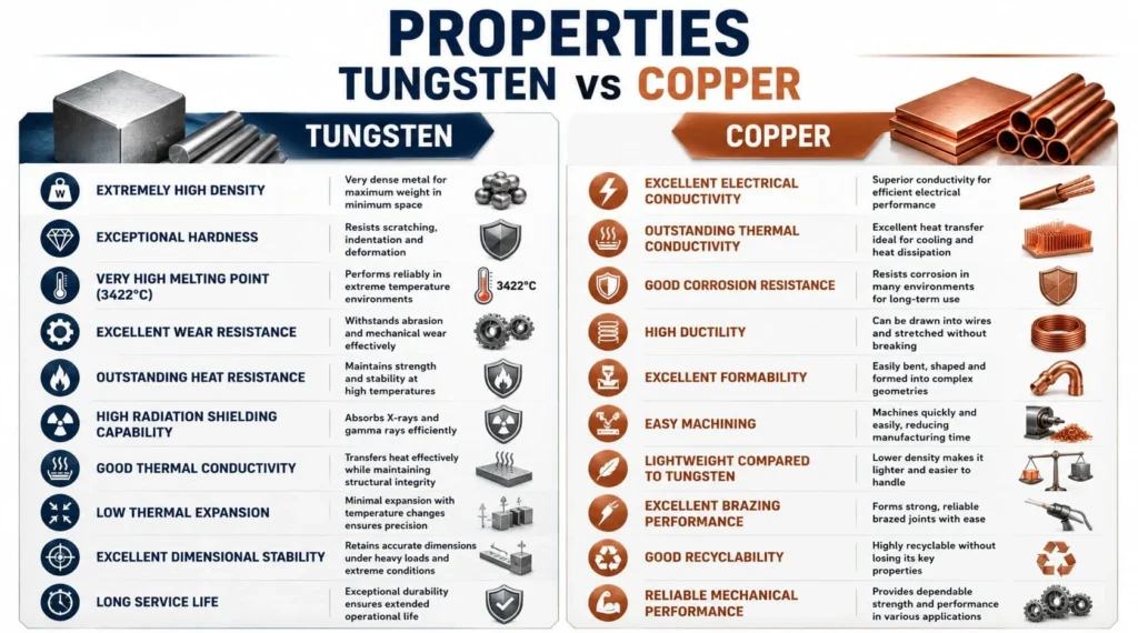 Tungsten vs Copper Weight: 9 Powerful Density Facts Every Engineer Should Know 3 Tungsten vs Copper properties comparison